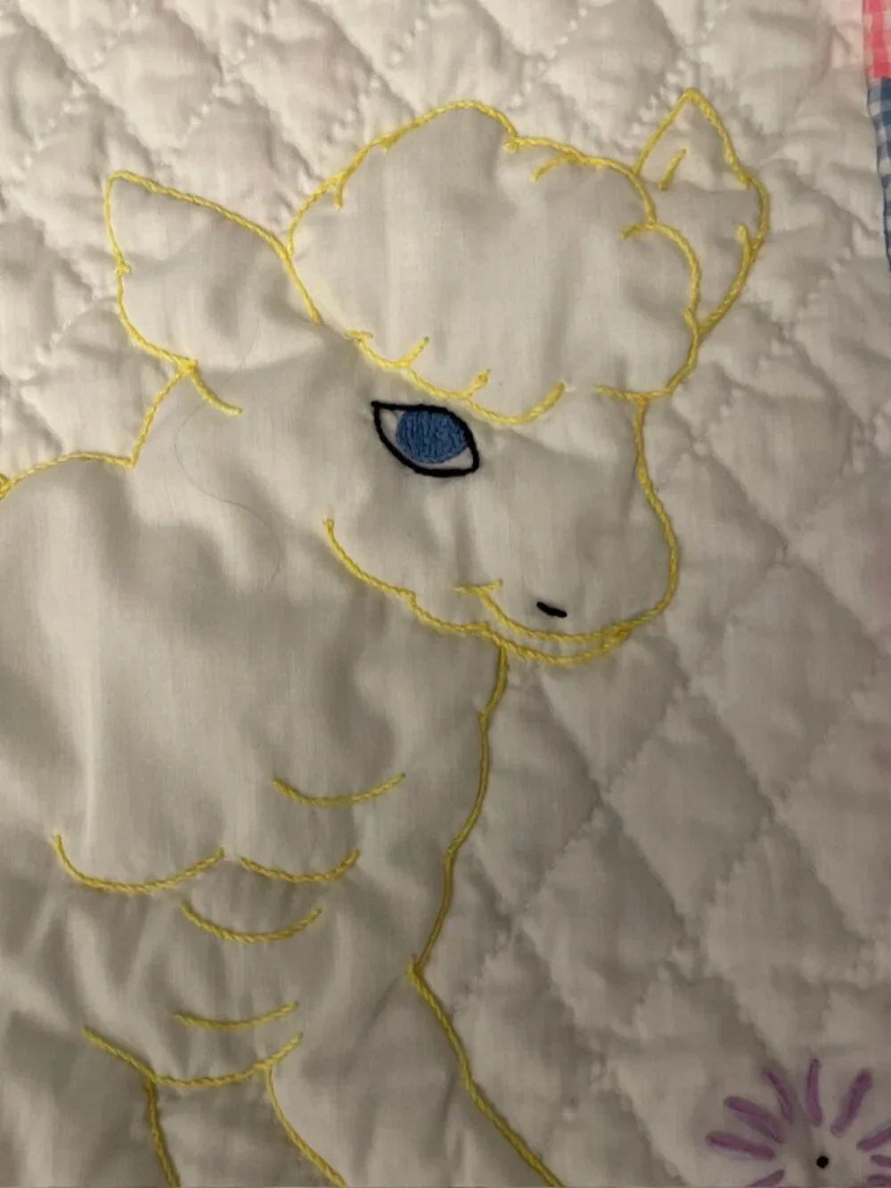 Baby Quilt Pink White Blue Yellow Hand Quilted Embroidered Animal Lamb 34x28”